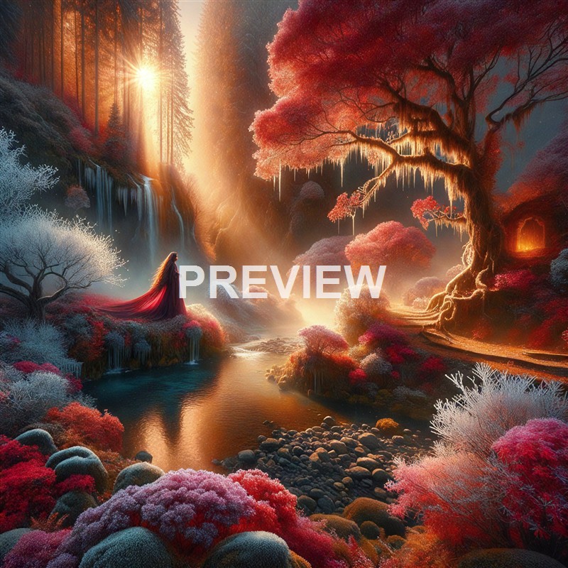 A fantasy landscape featuring a woman in a flowing red dress standing by a serene river, surrounded by vibrant, colorful trees, with a cascading waterfall, warm sunlight filtering through the forest, and an overall magical, dreamlike atmosphere.